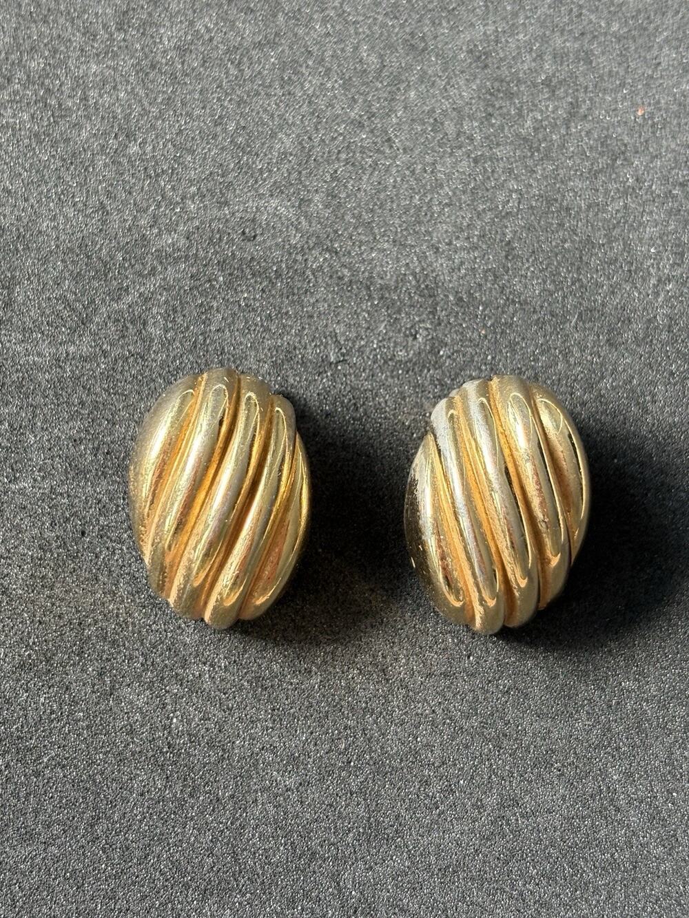 Vintage CHRISTIAN DIOR Germany Golden Braided Oval Ribbed Clip On Earrings 1”
